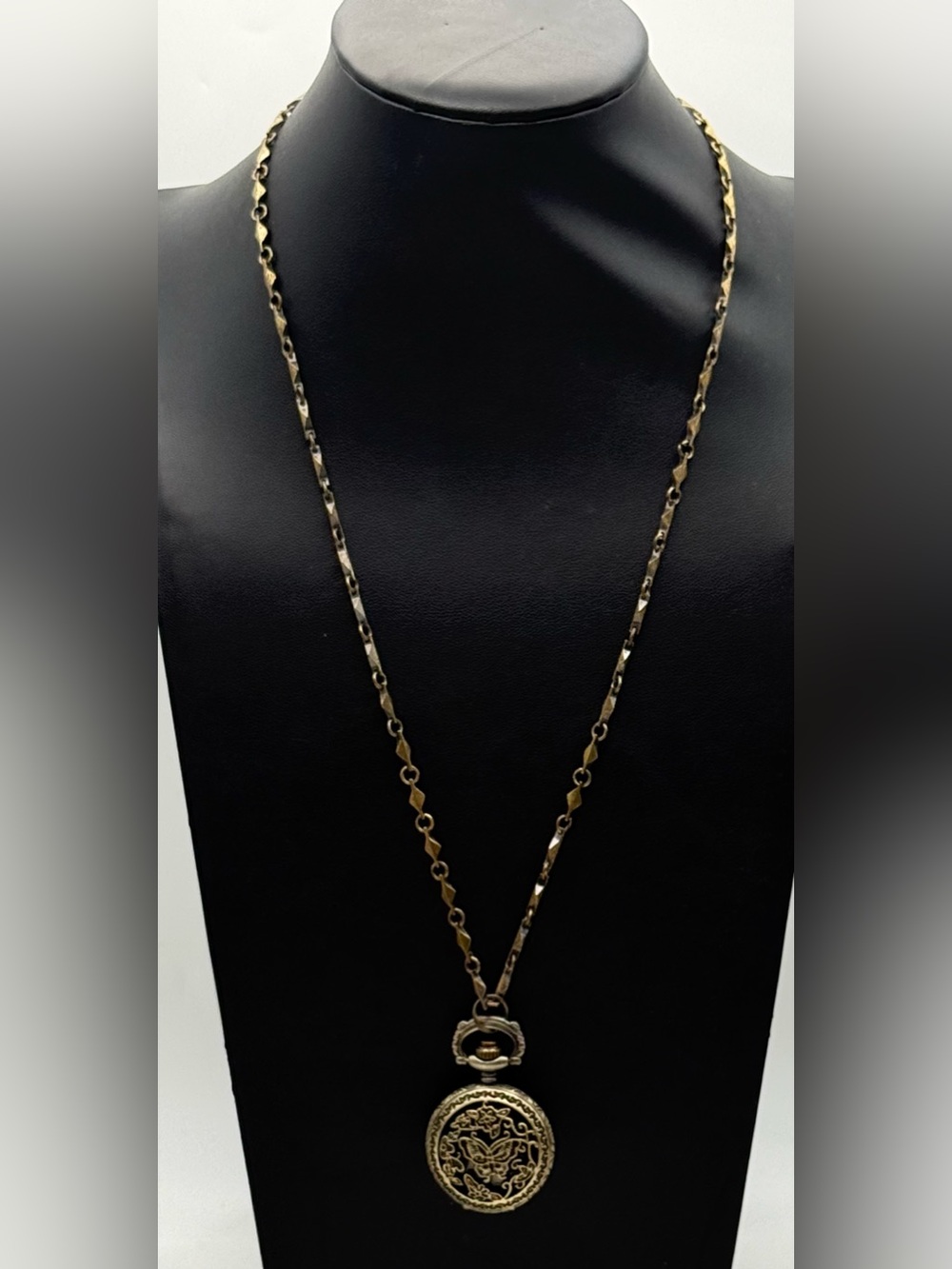 Vintage Filigree Butterfly Pocket Watch Necklace Gold Tone Statement Chain 28"